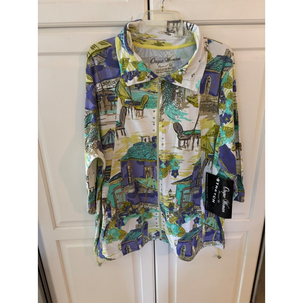Ongque Woman Tropical Resort Scene Zipper Front Stretch Top Size 2X